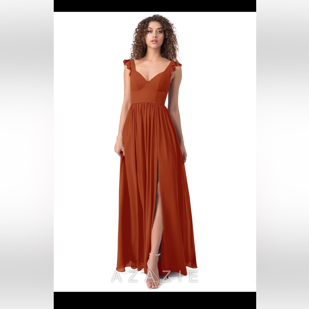 Azazie bridesmaids dress in “Stassie,” paprika color